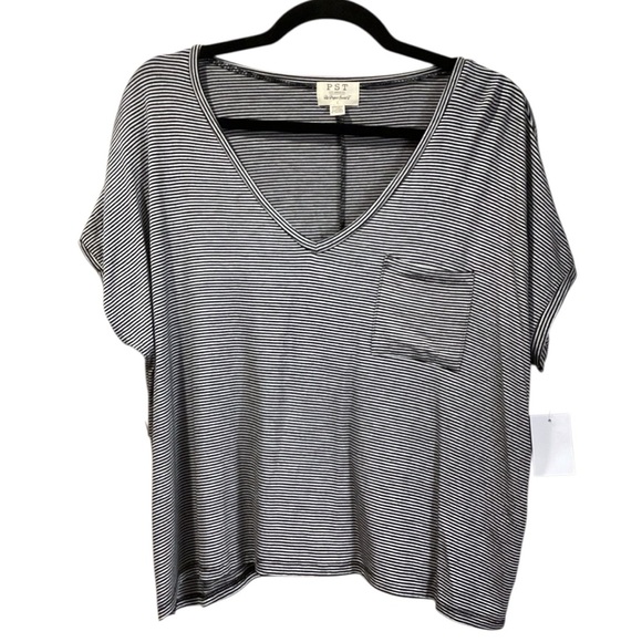 Project Social T Railroad Striped Pocket Boxy Fit Loose V Neck T Shirt Large NWT - Picture 1 of 9